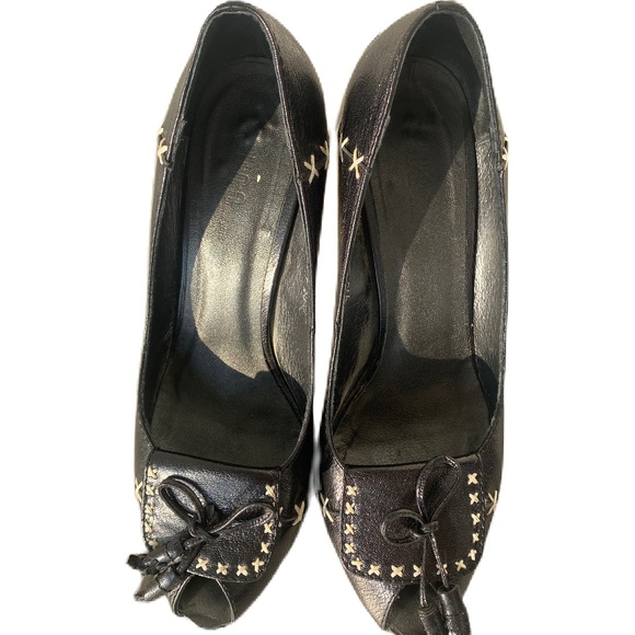 Juno New York loafer block heels peep toe black cream 8 - Picture 6 of 12